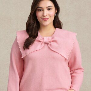 Pink Women's Sweater with Bow Detail Collar Small